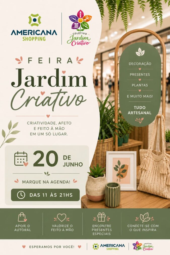 Jardim Criativo leva arte, afeto e produtos feitos à mão ao Americana Shopping neste próximo sábado, dia 20 de junho
